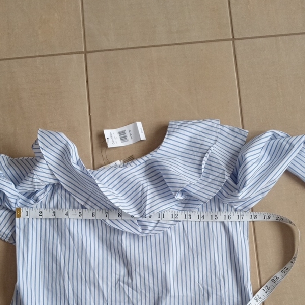 Calvin Klein Striped Off-Shoulder Ruffle Blouse - Picture 15 of 15